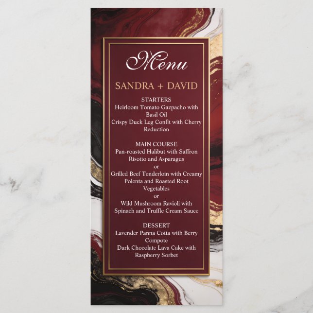 Elegant Burgundy and Gold Marble Wedding Menükarte (Vorderseite)