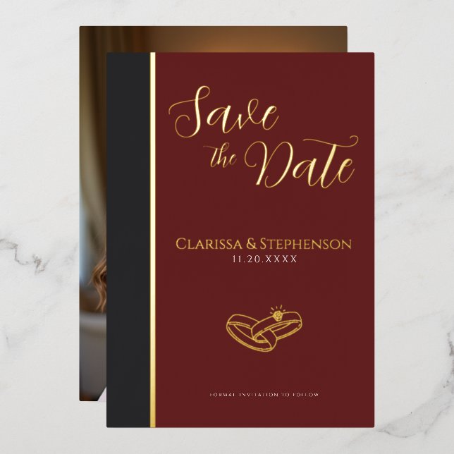 Elegant Burgundy Anthracite Photo Save The Date Folieneinladung (Vorderseite/Rückseite)