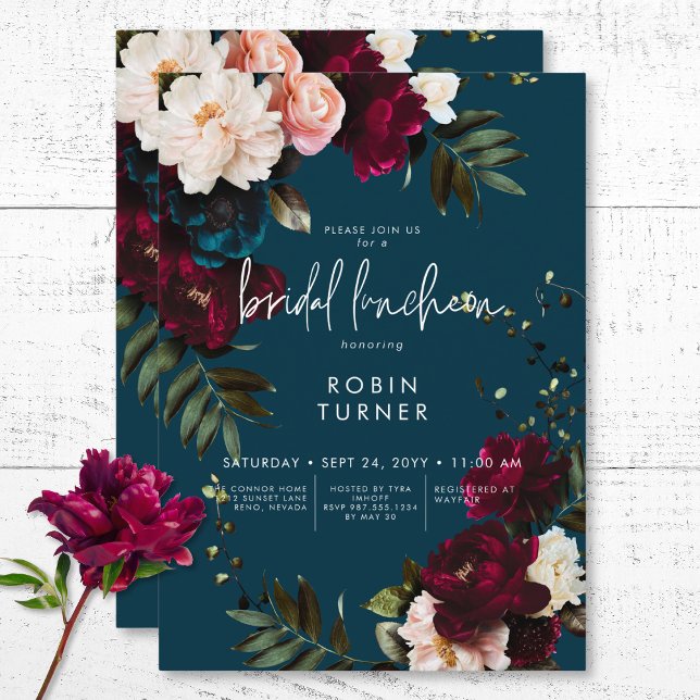 Elegant Burgundy & Blue Floral Bridal Einladung (Elegant Burgundy & Blue Floral Bridal Luncheon Invitation)