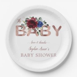 Elegant Burgundy Blue Floral Gold Boy Baby Shower Pappteller