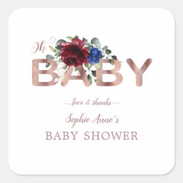 Elegant Burgundy Blue Floral Gold Boy Baby Shower Quadratischer Aufkleber