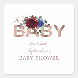Elegant Burgundy Blue Floral Gold Boy Baby Shower Quadratischer Aufkleber