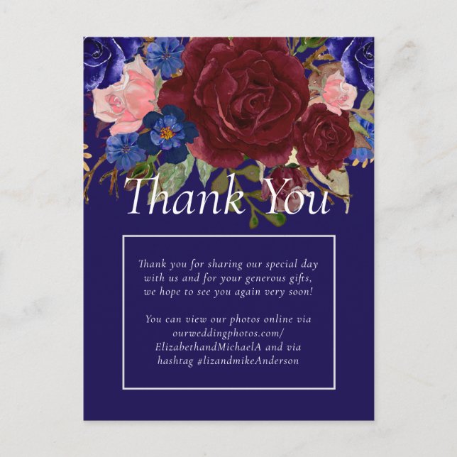 Elegant Burgundy Blue Floral Wedding Budget Postkarte (Vorderseite)