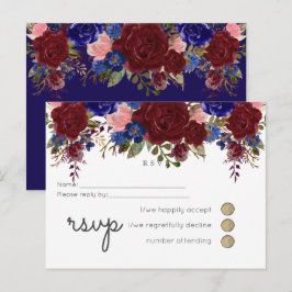 Elegant Burgundy Blue Floral Wedding Budget UAWG Einladungspostkarte