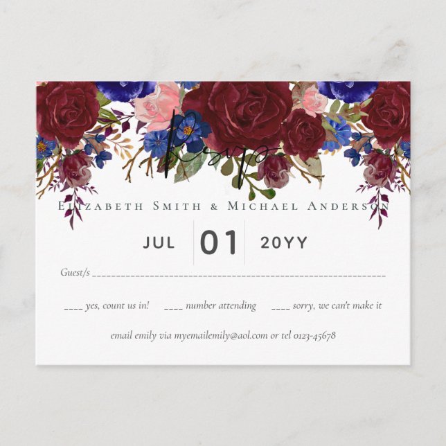 Elegant Burgundy Blue Floral Wedding Budget UAWG Postkarte (Vorderseite)