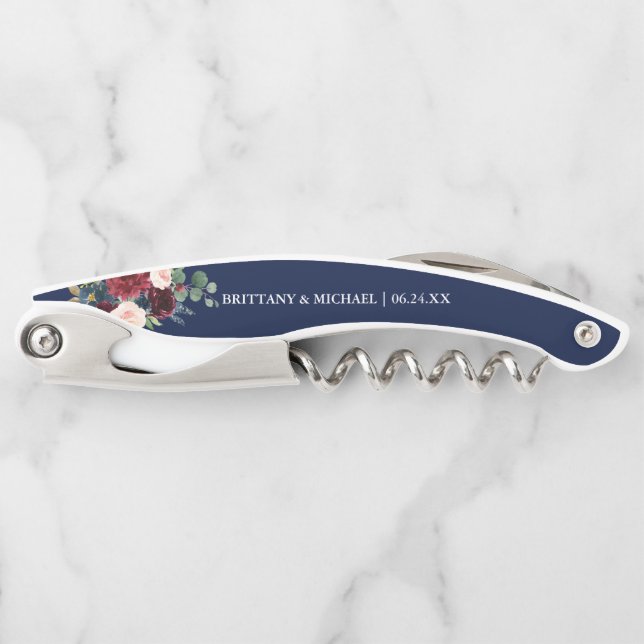 Elegant Burgundy Blue Floral Wedding Kellnermesser (Vorderseite)