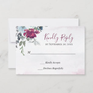 Elegant Burgundy Blue White Roses Wedding RSVP Karte