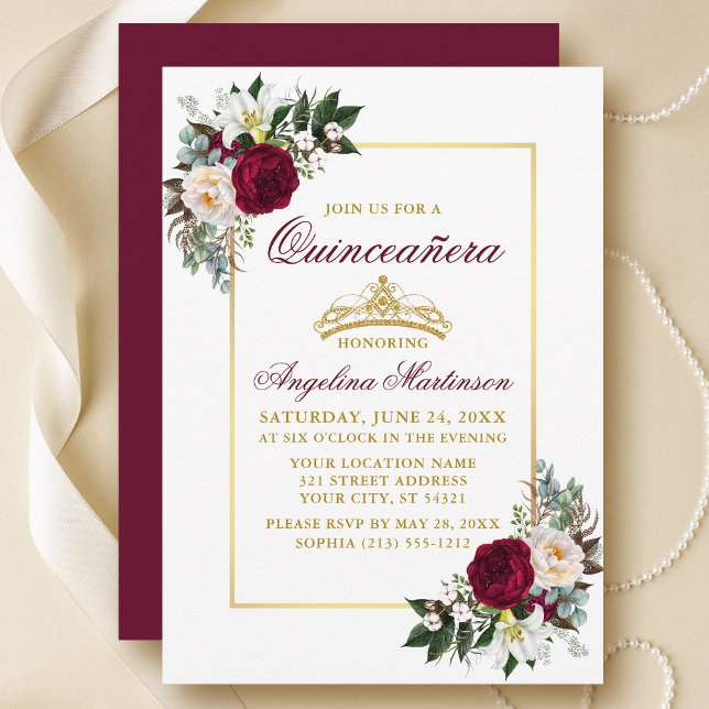 Elegant Burgundy Blumengrün Quinceanera Gold Einladung (Customize to change text color, style, add text & photos to back or change color of back of card.)