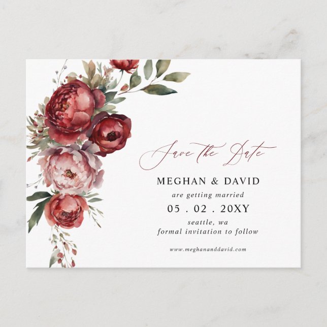 Elegant Burgundy Blush Bloral Save the Date Ankündigungspostkarte (Vorderseite)