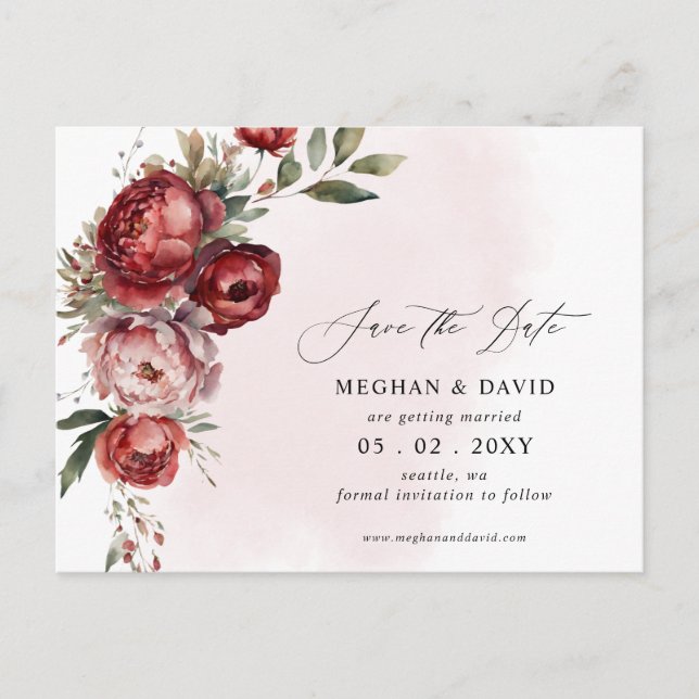 Elegant Burgundy Blush Bloral Save the Date Ankündigungspostkarte (Vorderseite)