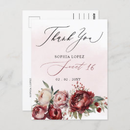 Elegant Burgundy Blush Bloral Sweet 16 Vielen Dank Postkarte