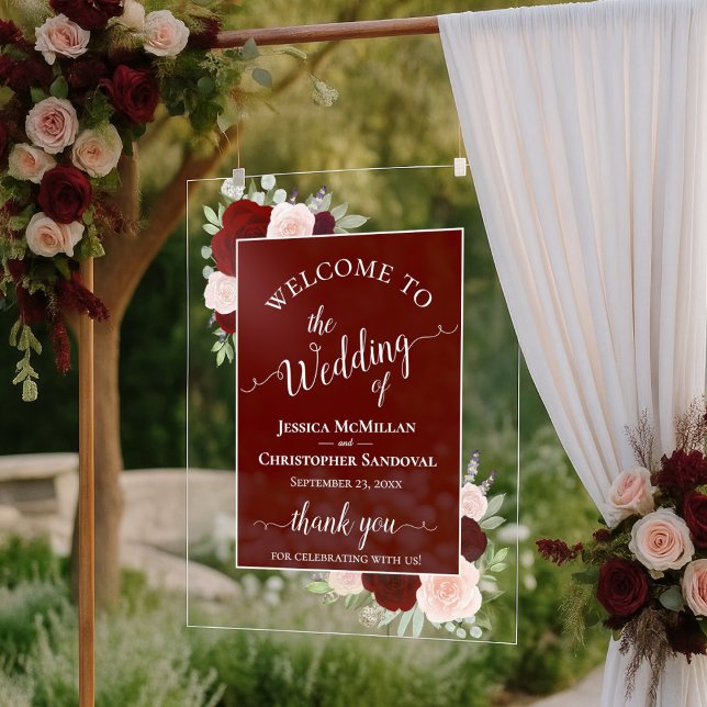 Elegant Burgundy Blush Boho Roses Wedding Welcome Acrylschild (Von Creator hochgeladen)