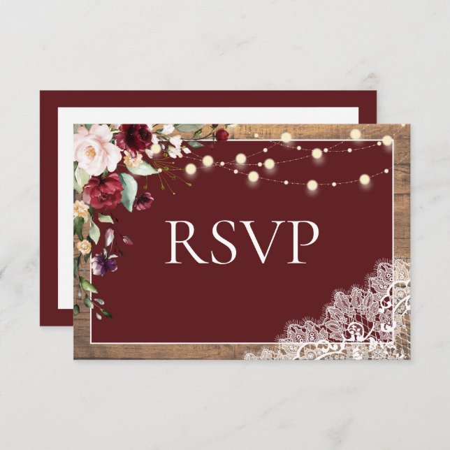Elegant Burgundy Blush Botanical Wood Wedding RSVP (Vorne/Hinten)