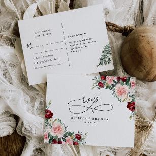 Elegant Burgundy Blush Floral Wedding Rsvp Postkarte