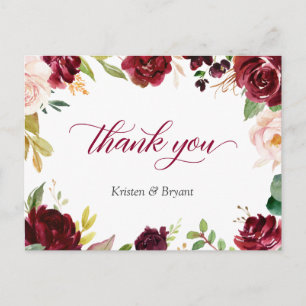 Elegant Burgundy Blush Floral Wedding Vielen Dank Postkarte