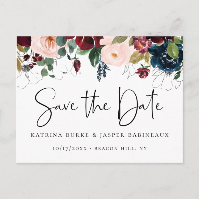 Elegant Burgundy Blush Navy Floral Save the Date Ankündigungspostkarte (Vorderseite)