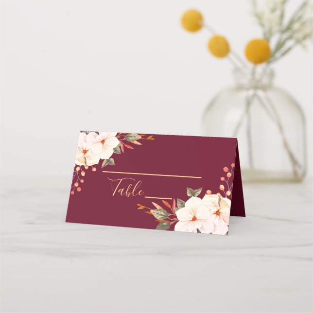 Elegant Burgundy Blush Orange Floral Platzkarte (Vorderseite)
