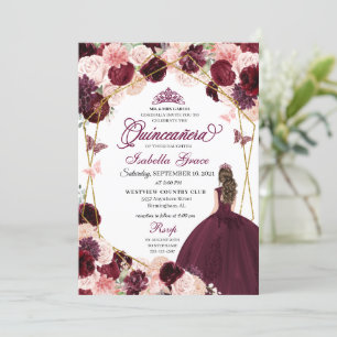 Elegant Burgundy Blush Pink Floral Quinceanera Inv Einladung