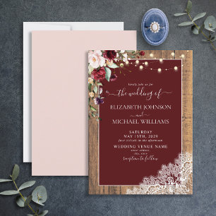 Elegant Burgundy Blush Wood Lace Script Wedding Einladung