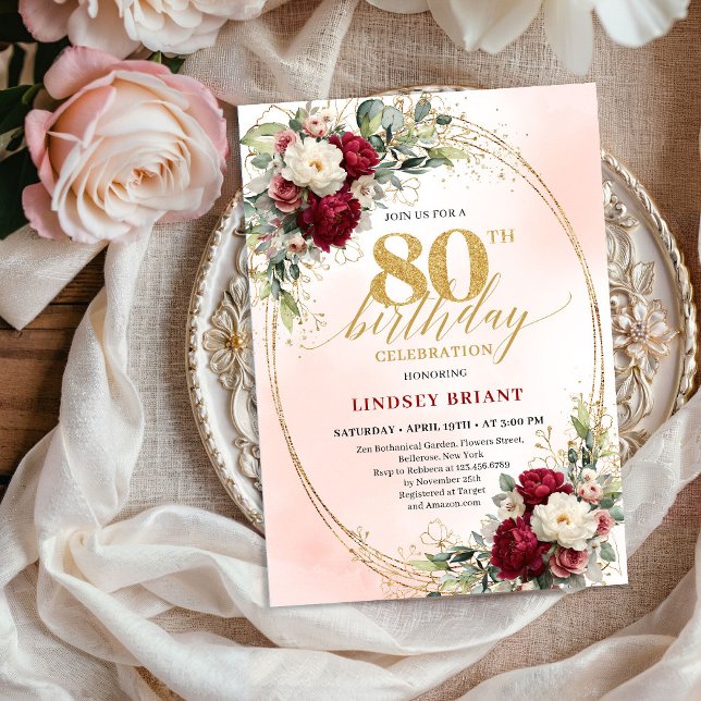 Elegant Burgundy Boho Botanical 80th Birthday   Einladung (Elegant Burgundy Boho Botanical 80th Birthday Invitation)