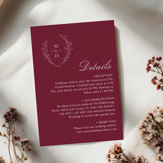 Elegant Burgundy Boho Monogram Wedding Details Begleitkarte (Von Creator hochgeladen)