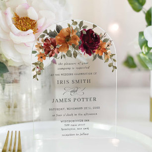 Elegant Burgundy Burnt Orange Rust Floral Wedding Acryleinladungen