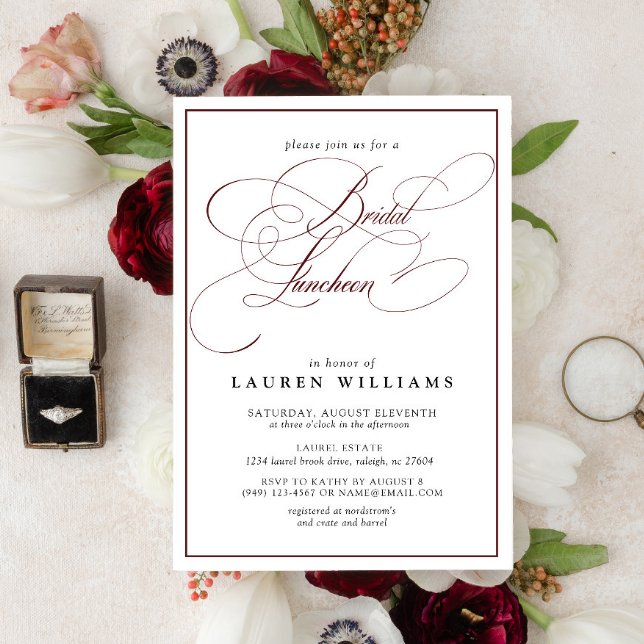Elegant Burgundy Calligraphy Bridal Luncheon Einladung (Von Creator hochgeladen)