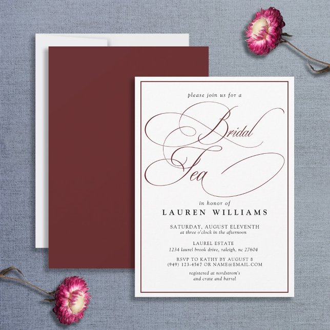 Elegant Burgundy Calligraphy Formal Bridal Tea Einladung (Von Creator hochgeladen)