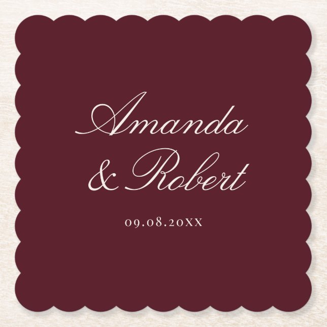 Elegant Burgundy Calligraphy Wedding Untersetzer (Vorderseite)