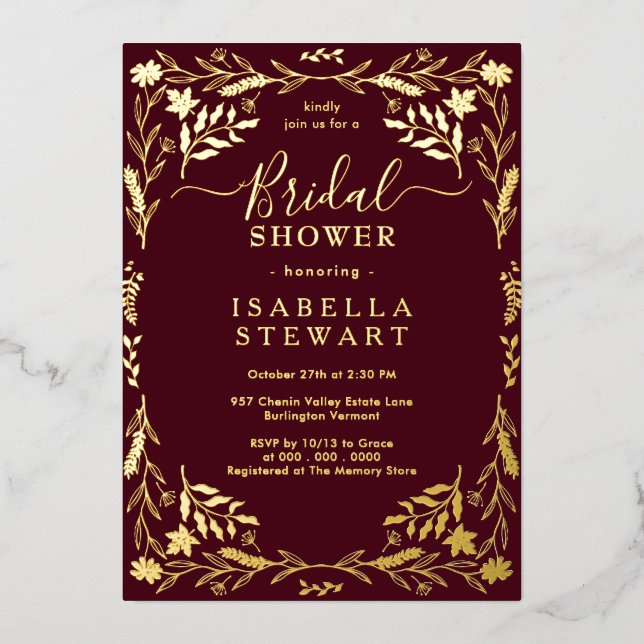 Elegant Burgundy Chic Boho Brautparty Folieneinladung (Vorderseite)