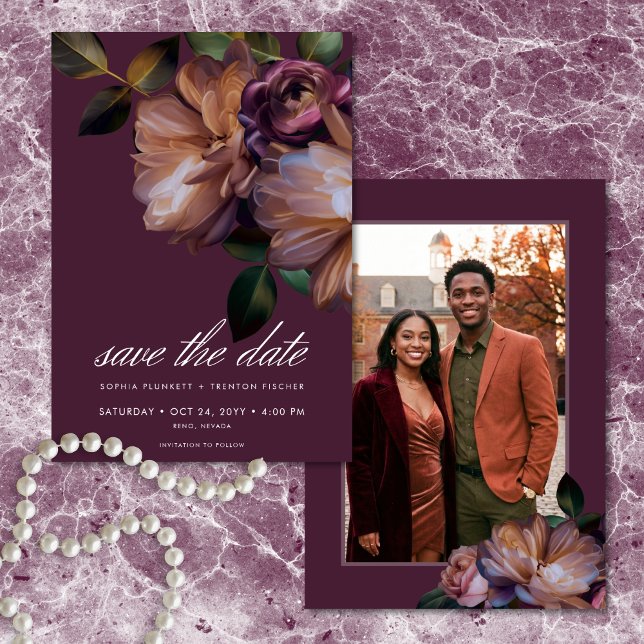 Elegant Burgundy Classic Moody Floral Photo Save The Date (Elegant Burgundy Classic Moody Floral Photo Save The Date)