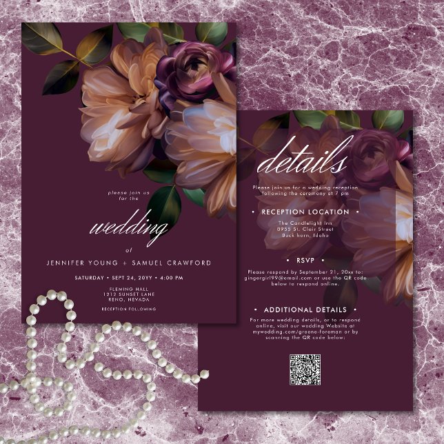 Elegant Burgundy Classic Moody Floral Two Sided Einladung (Elegant Burgundy Classic Moody Floral Two Sided Invitation)