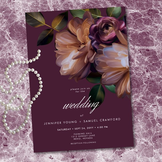 Elegant Burgundy Classic Moody Floral Wedding Einladung (Elegant Burgundy Classic Moody Floral Invitation)