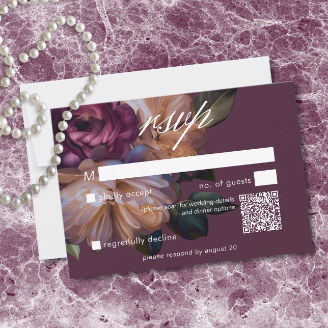 Elegant Burgundy Classic Moody Floral Wedding QR RSVP Karte (Elegant Burgundy Classic Moody Floral Wedding RSVP Card)