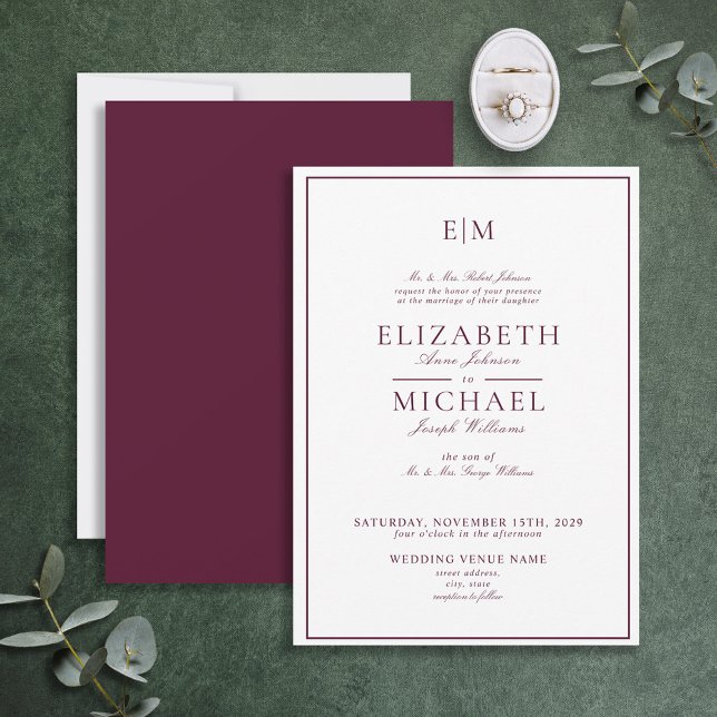 Elegant Burgundy Classic Script Monogram Wedding Einladung (Von Creator hochgeladen)