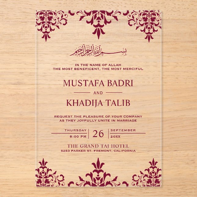 Elegant Burgundy Damask Islamic Wedding Acryleinladungen (Vorderseite)