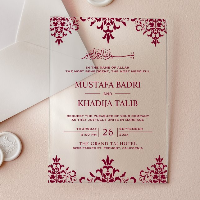 Elegant Burgundy Damask Islamic Wedding Acryleinladungen (Von Creator hochgeladen)
