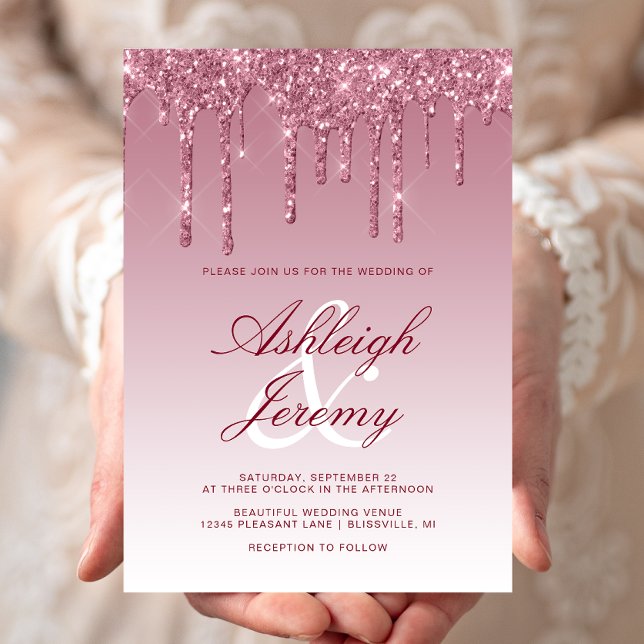 Elegant Burgundy Dripping Glitzer Script Wedding Einladung (Von Creator hochgeladen)
