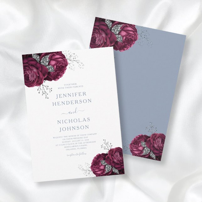 Elegant Burgundy Dusty Blue Floral Wedding Einladung (Von Creator hochgeladen)