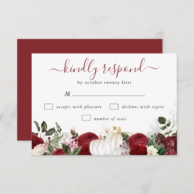 Elegant Burgundy Fall Pumpkin Wedding RSVP Karte (Vorne/Hinten)