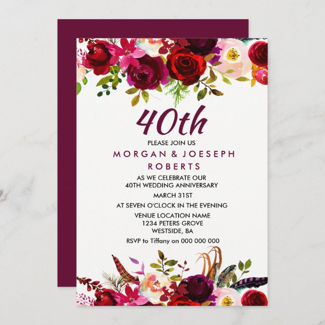 Elegant Burgundy Floral 40. Hochzeitstag Einladung (Vorne/Hinten)