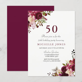 Elegant Burgundy Floral 50. Geburtstag Einladung