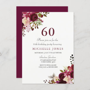 Elegant Burgundy Floral 60. Geburtstag Einladung