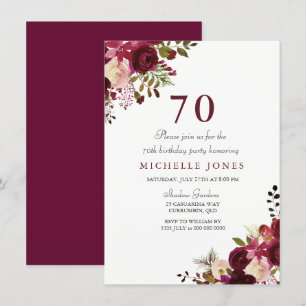 Elegant Burgundy Floral 70. Geburtstag Einladung