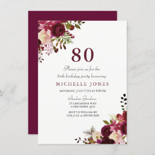 Elegant Burgundy Floral 80. Geburtstag Einladung