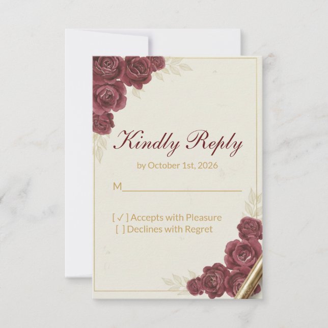 Elegant Burgundy Floral and Gold Wedding RSVP Card Karte (Vorderseite)