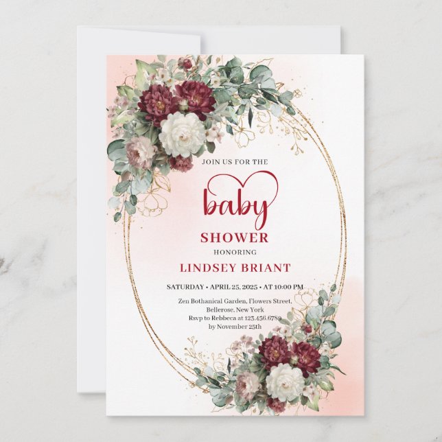 Elegant Burgundy Floral Baby Shower Invitation Einladung (Vorderseite)