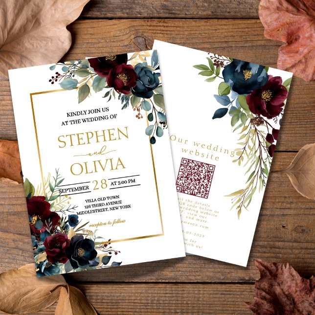 Elegant Burgundy Floral Blooms wedding  QR details Einladung (Von Creator hochgeladen)
