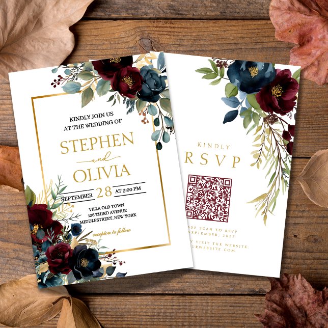 Elegant Burgundy Floral Blooms wedding QR RSVP Einladung (Von Creator hochgeladen)
