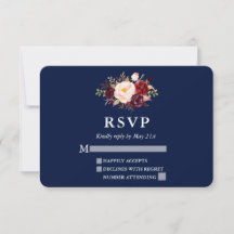 Elegant Burgundy Floral Blue Wedding RSVP